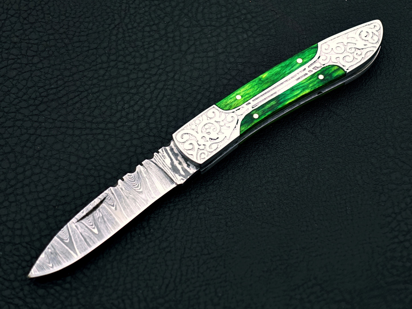 Emerald Green Damascus Steel Pocket Knife