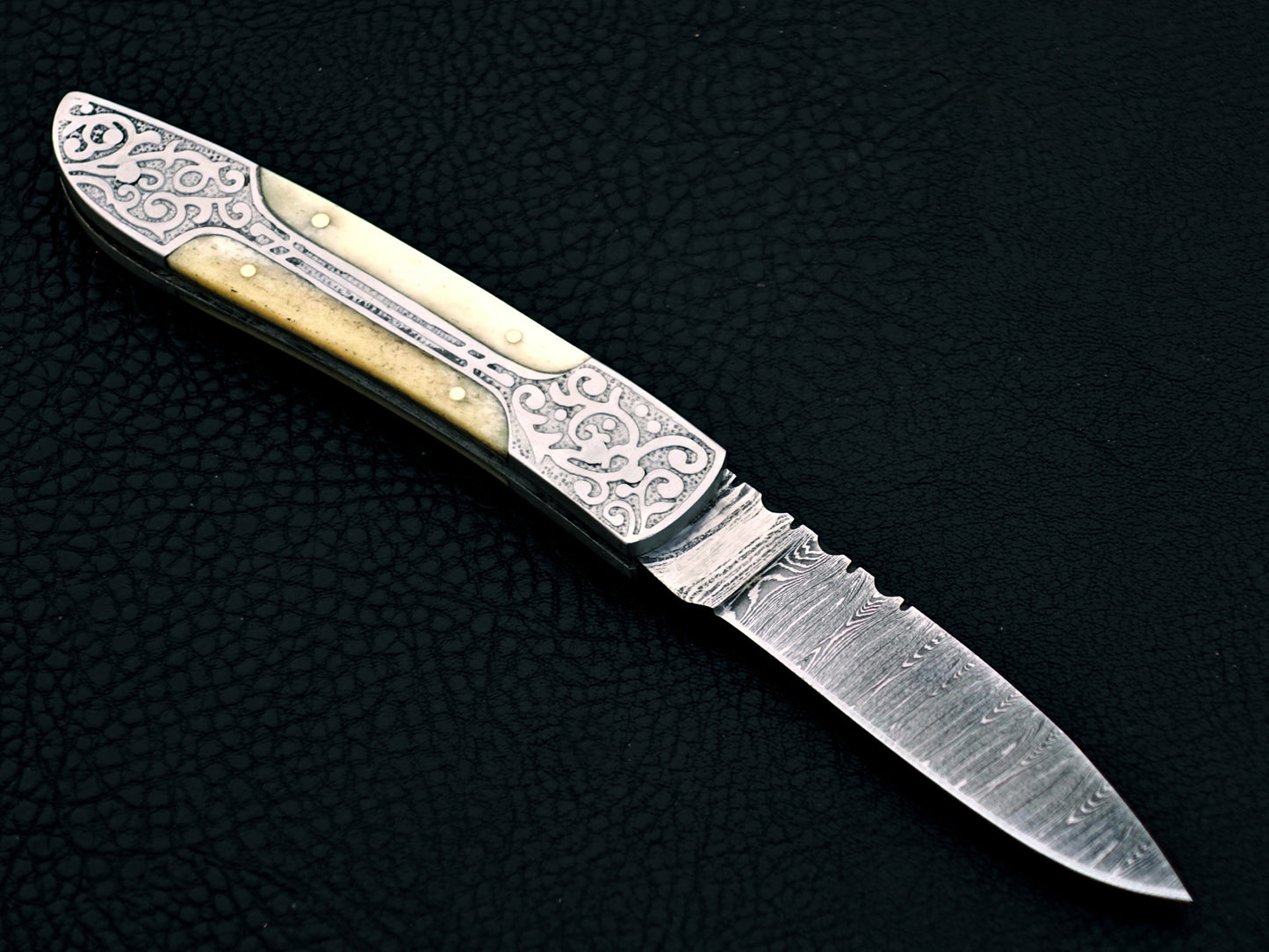 Ivory White Damascus Steel Pocket Knife
