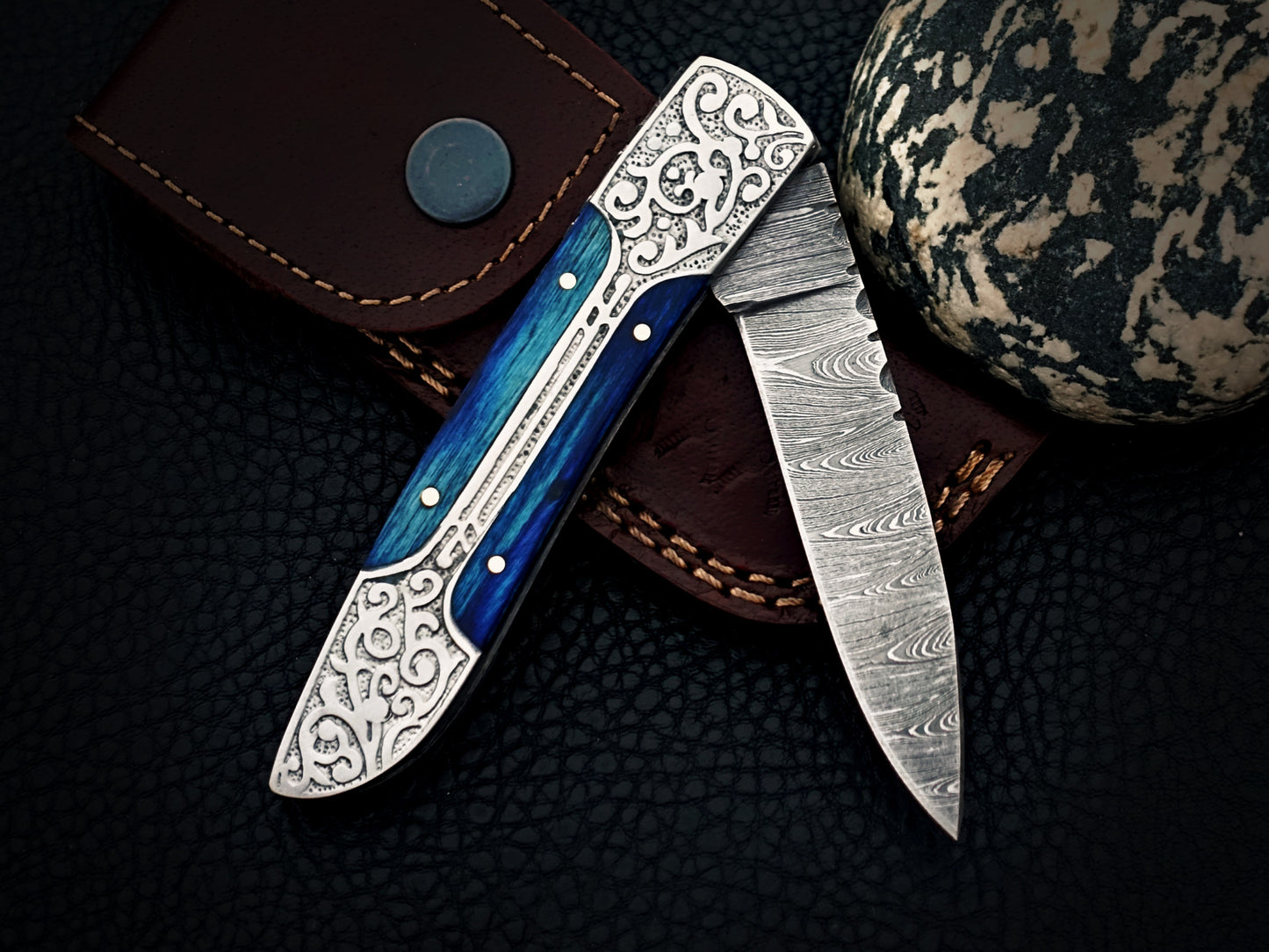 Sapphire Blue Damascus Steel Pocket Knife
