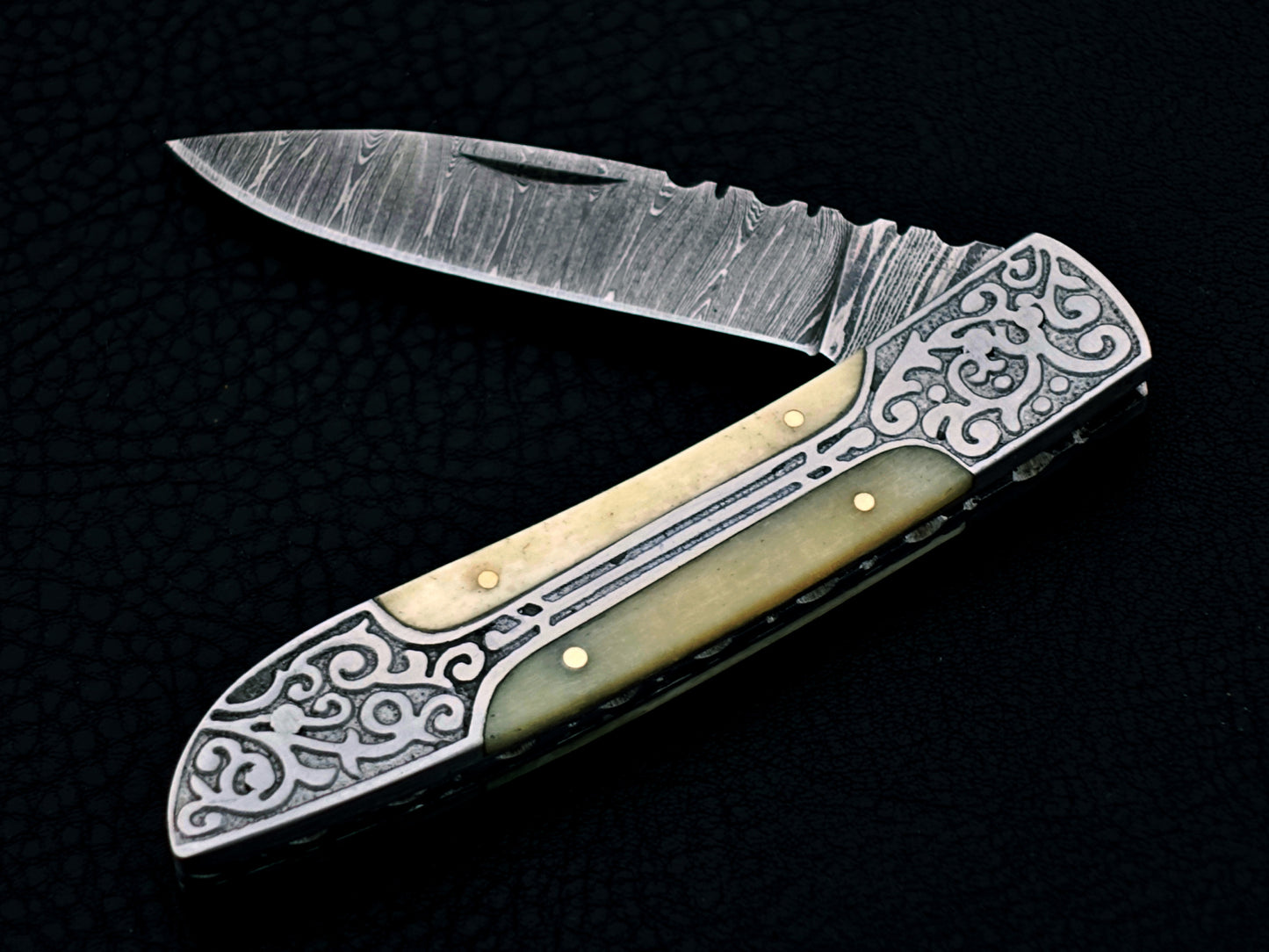 Ivory White Damascus Steel Pocket Knife