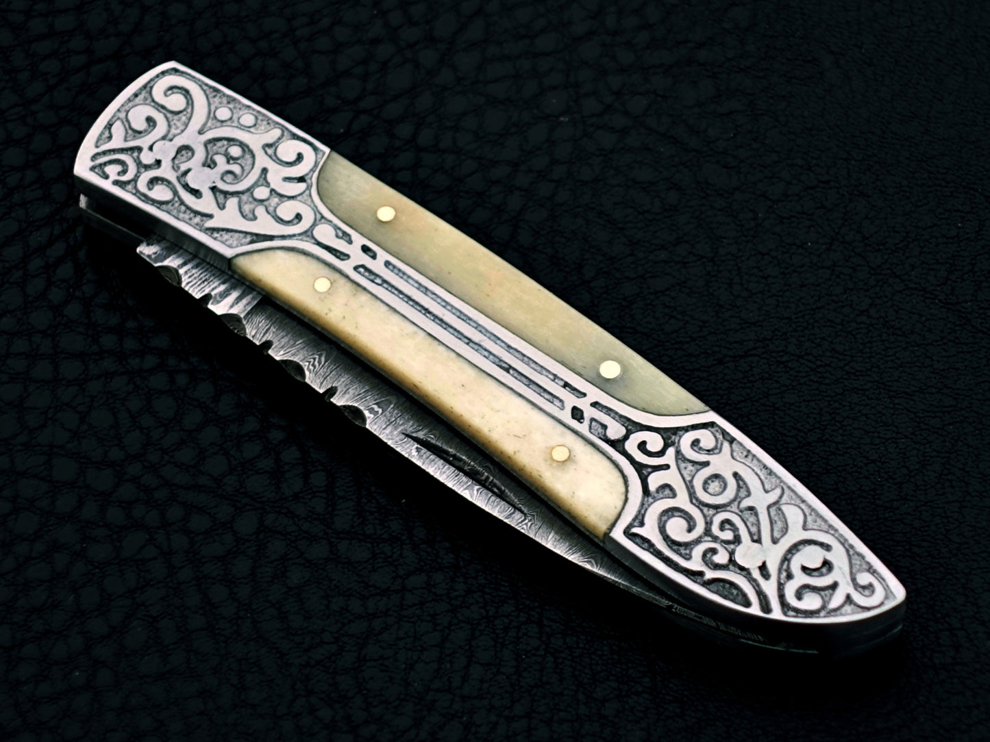 Ivory White Damascus Steel Pocket Knife