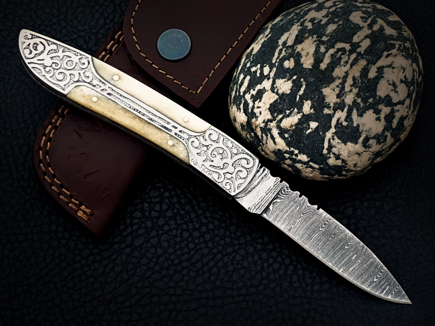 Ivory White Damascus Steel Pocket Knife