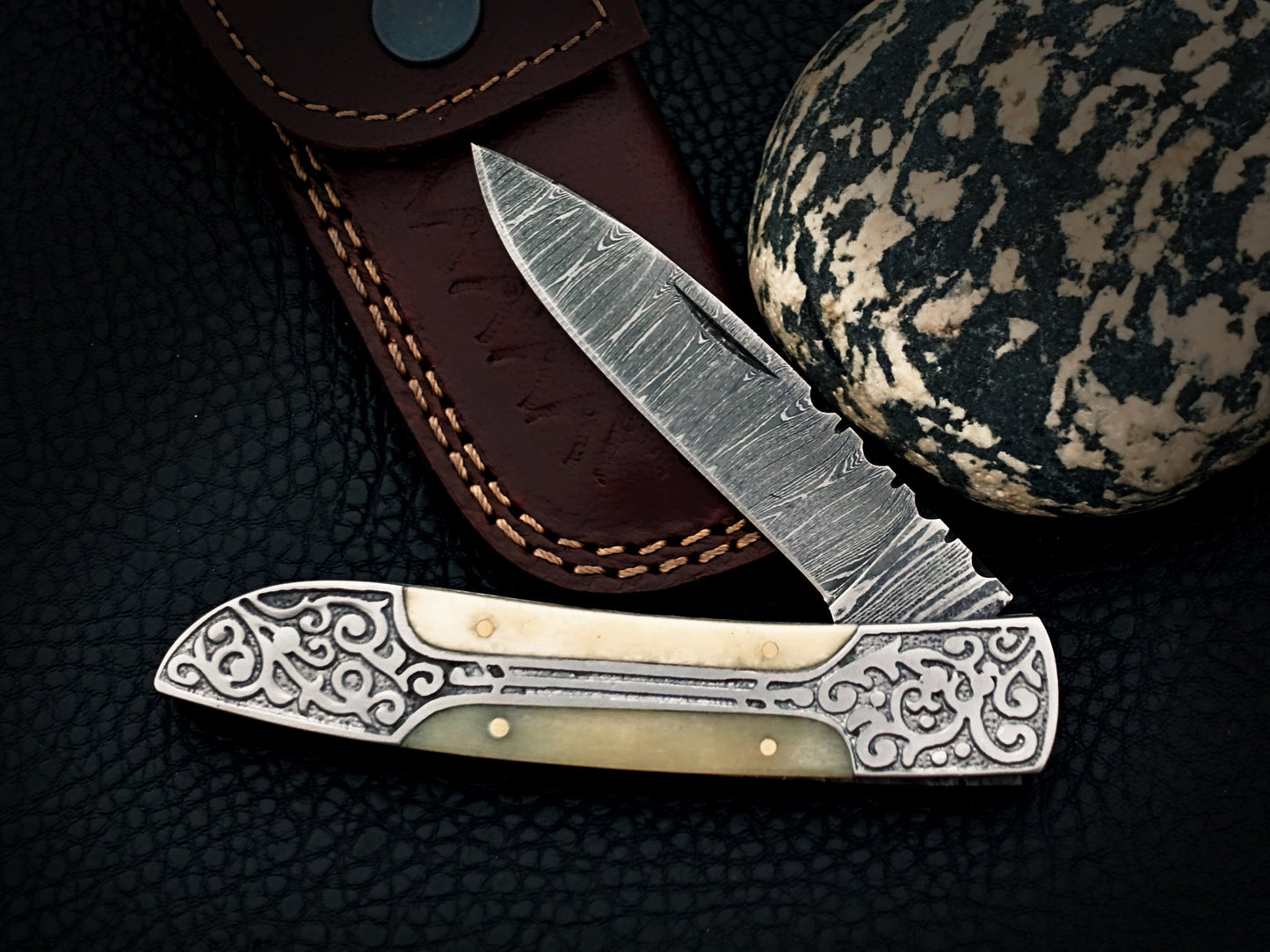 Ivory White Damascus Steel Pocket Knife