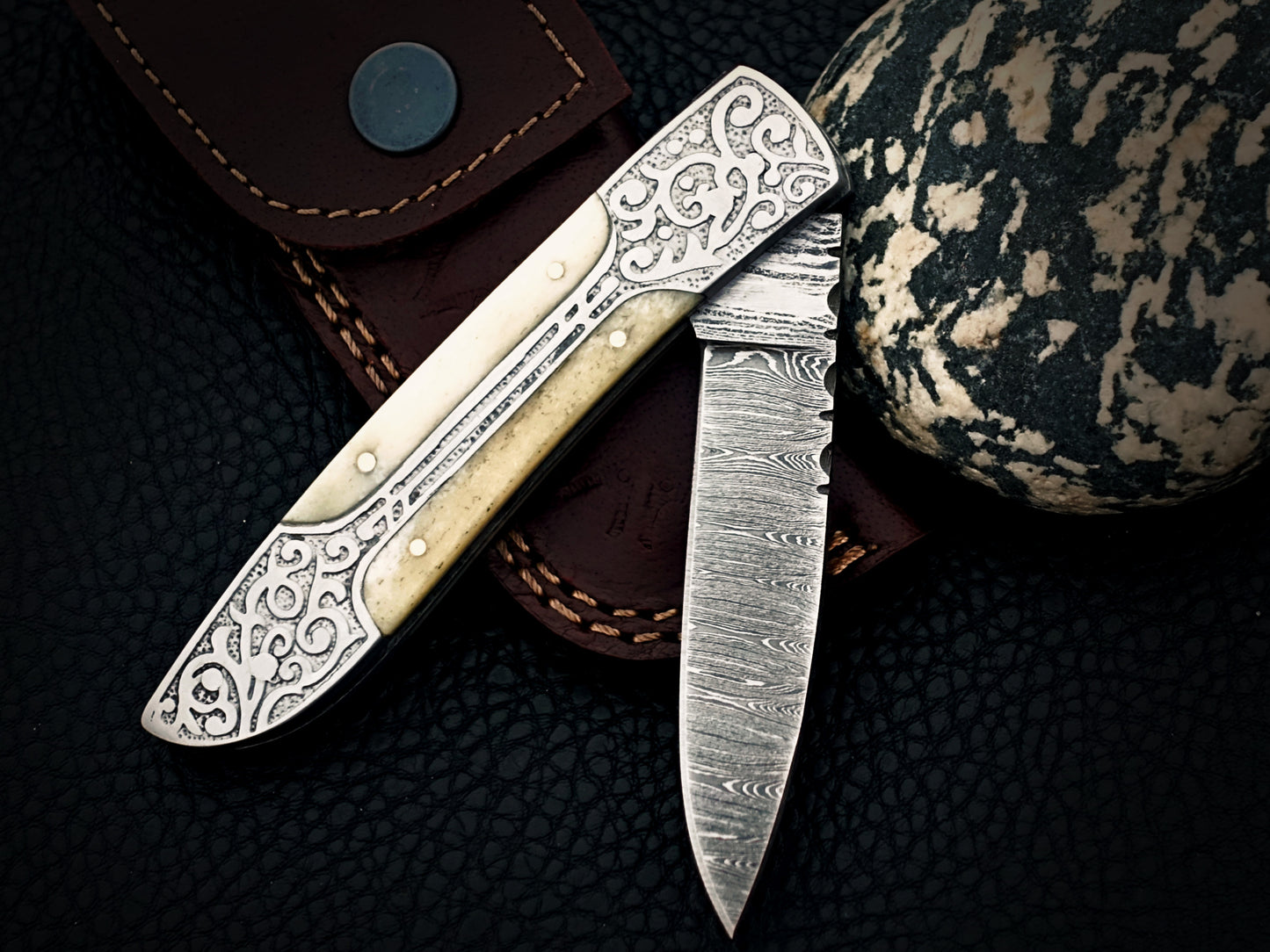 Ivory White Damascus Steel Pocket Knife