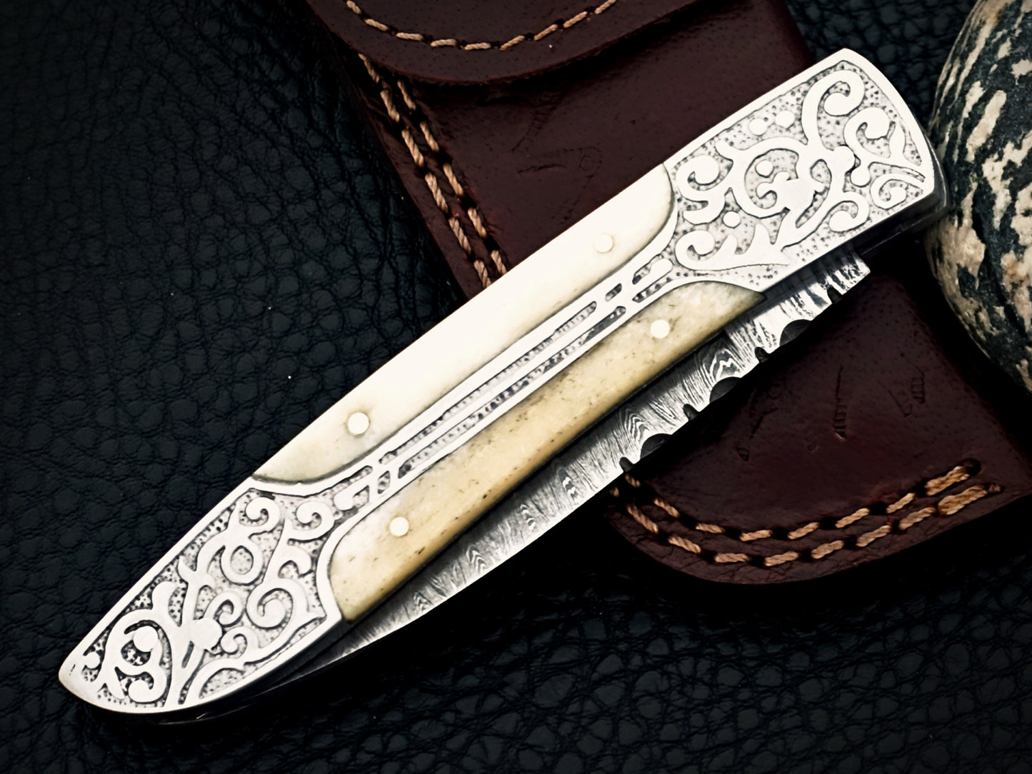 Ivory White Damascus Steel Pocket Knife
