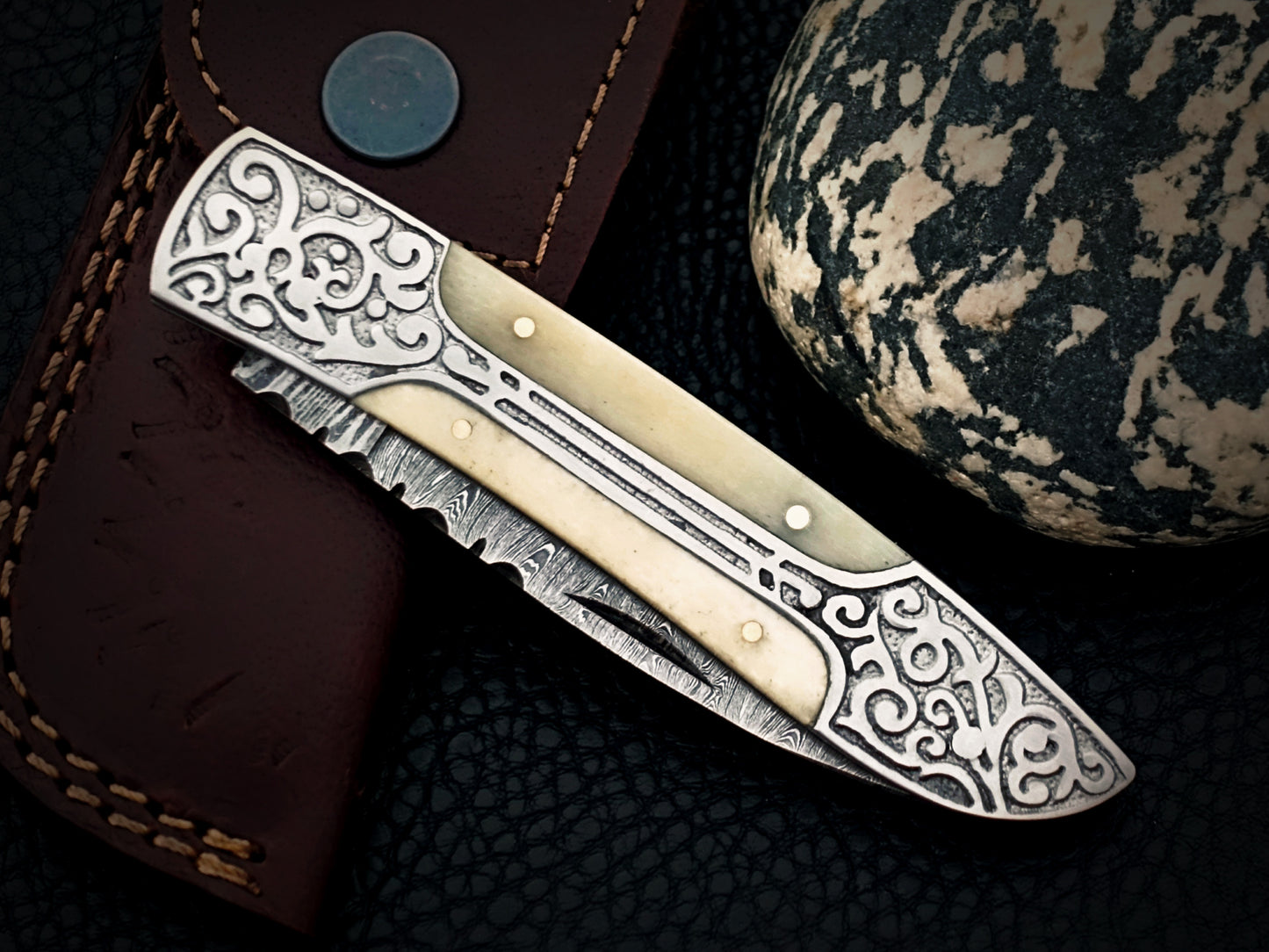 Ivory White Damascus Steel Pocket Knife