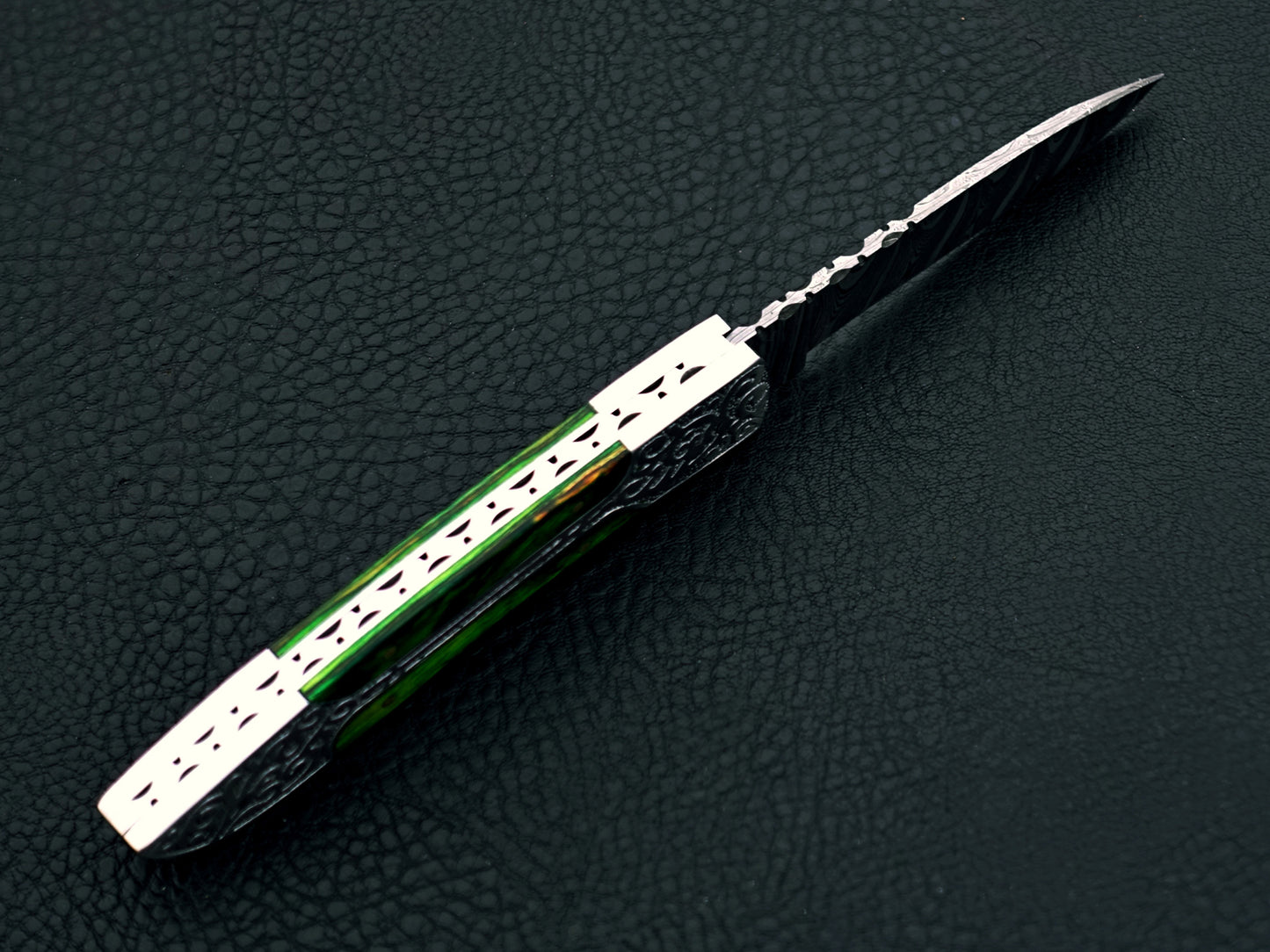 Emerald Green Damascus Steel Pocket Knife
