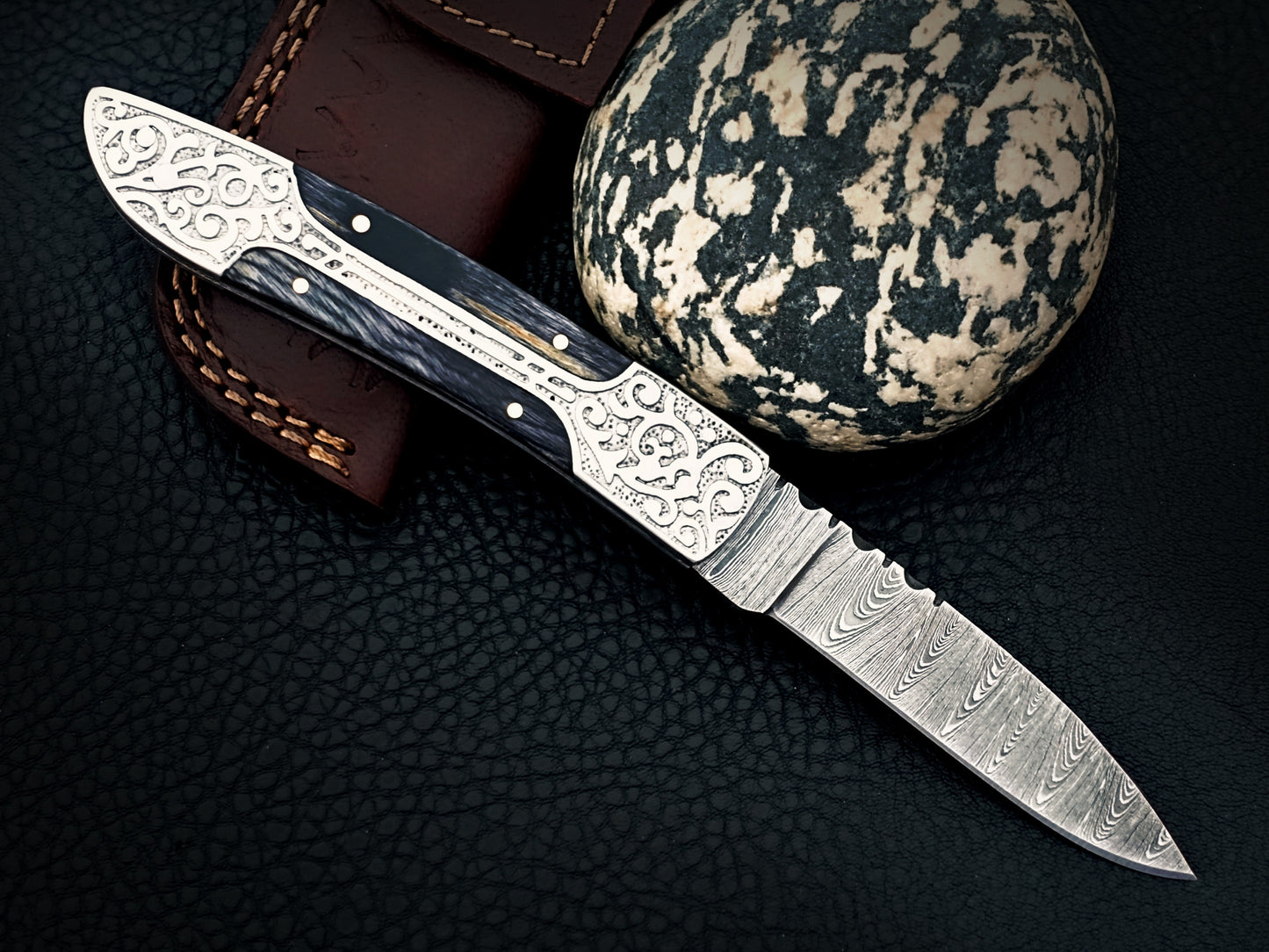 Midnight Black Damascus Steel Pocket Knife