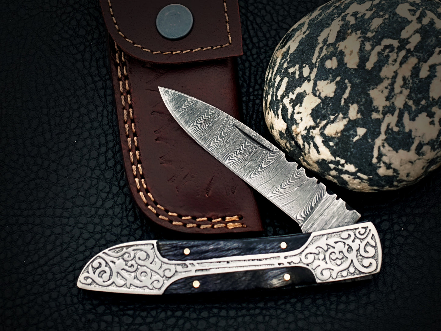 Midnight Black Damascus Steel Pocket Knife
