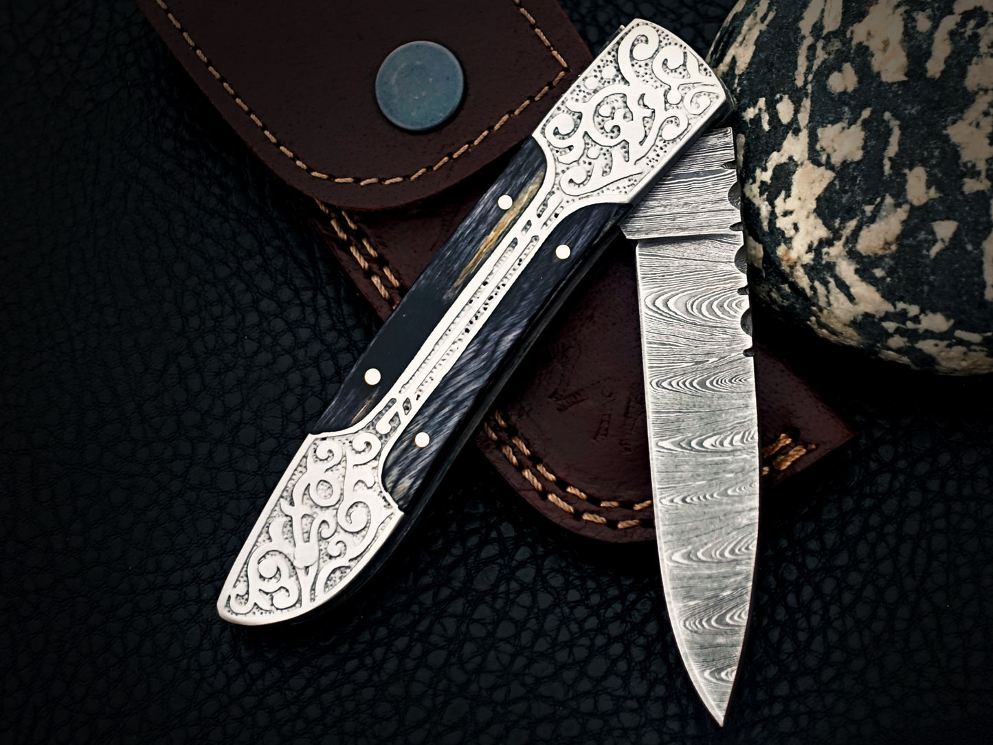 Midnight Black Damascus Steel Pocket Knife