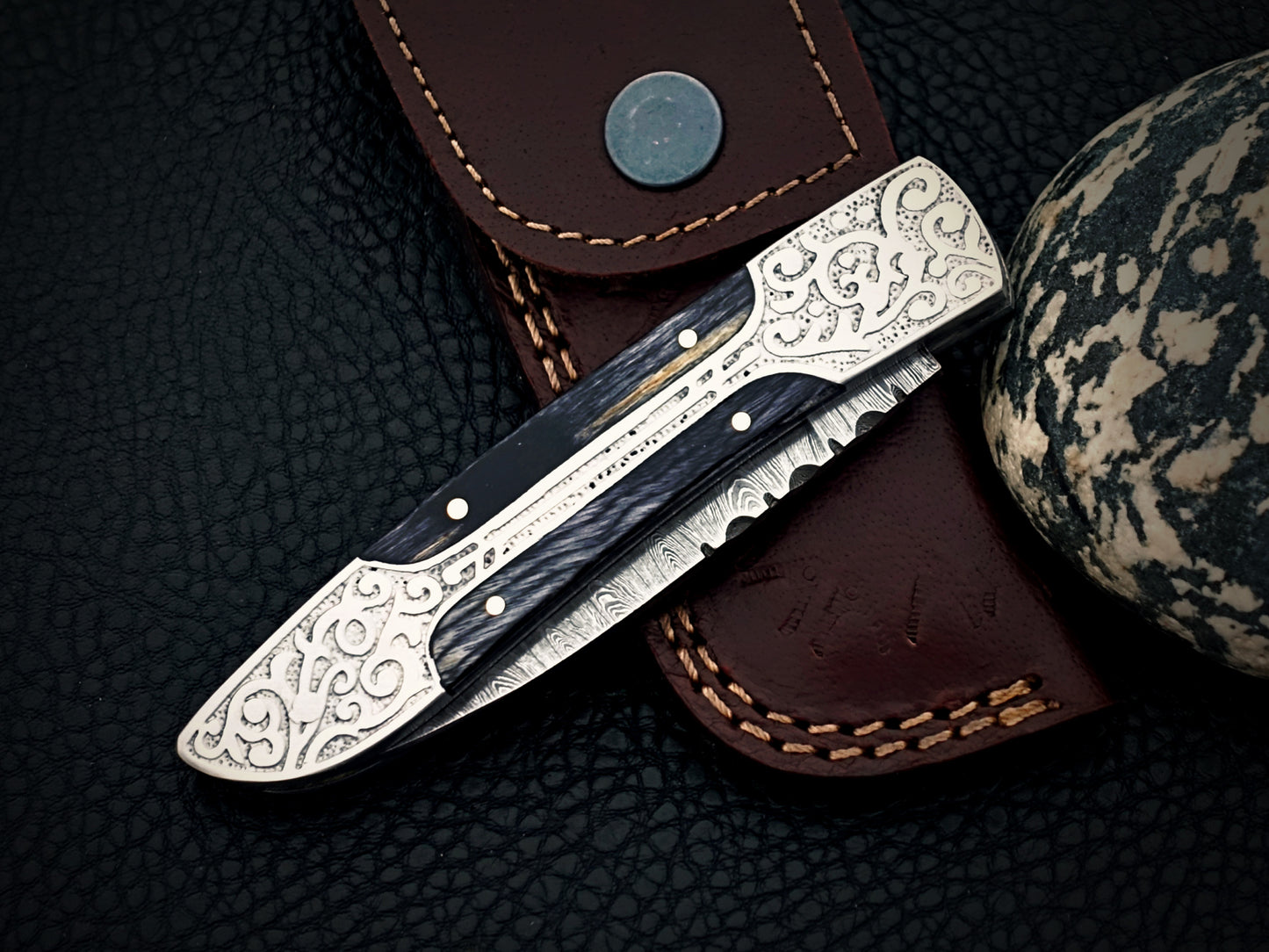 Midnight Black Damascus Steel Pocket Knife