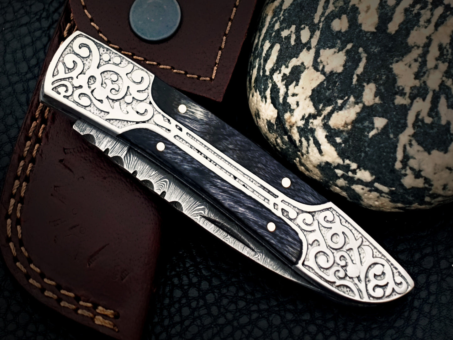 Midnight Black Damascus Steel Pocket Knife