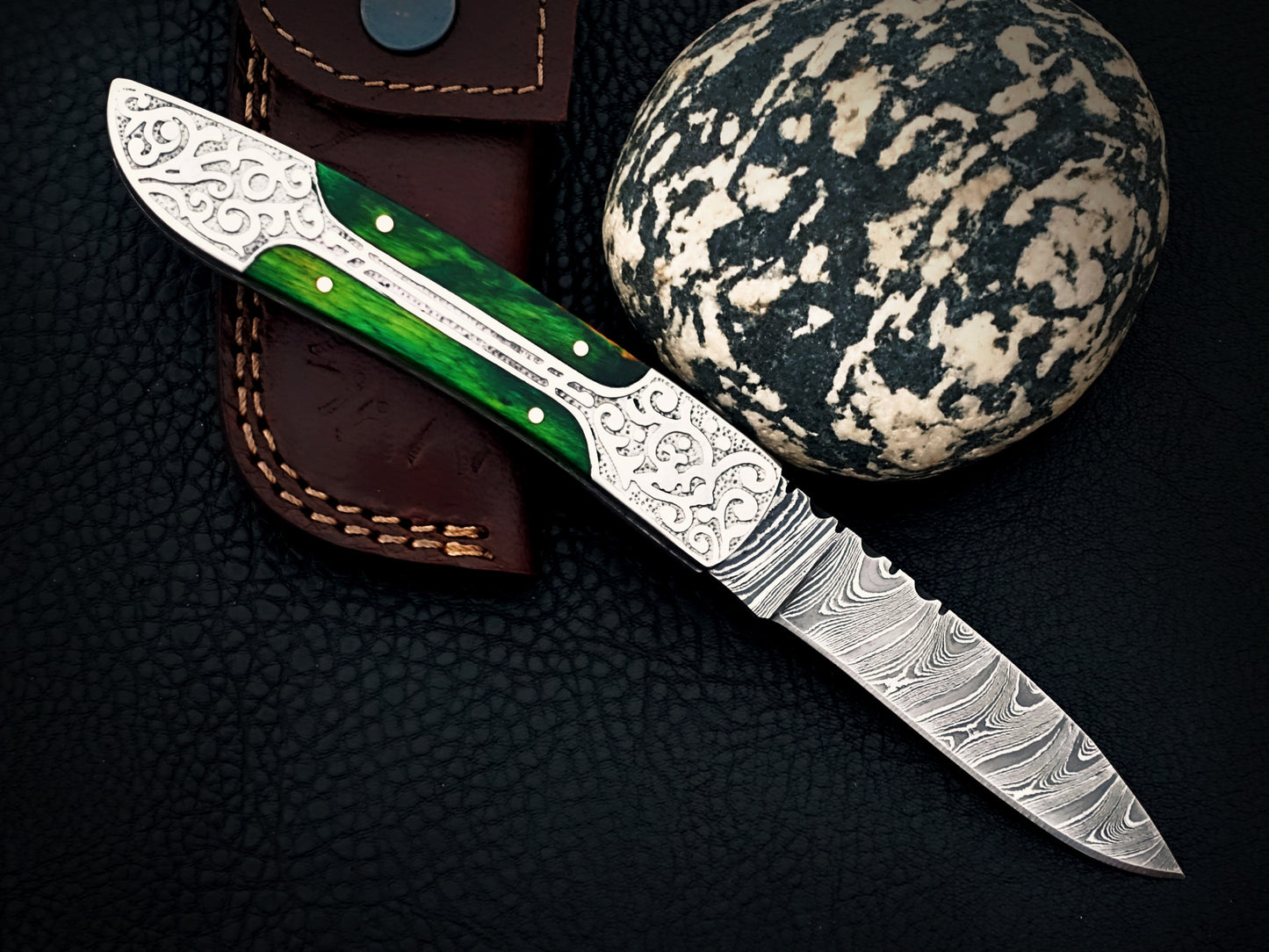 Emerald Green Damascus Steel Pocket Knife