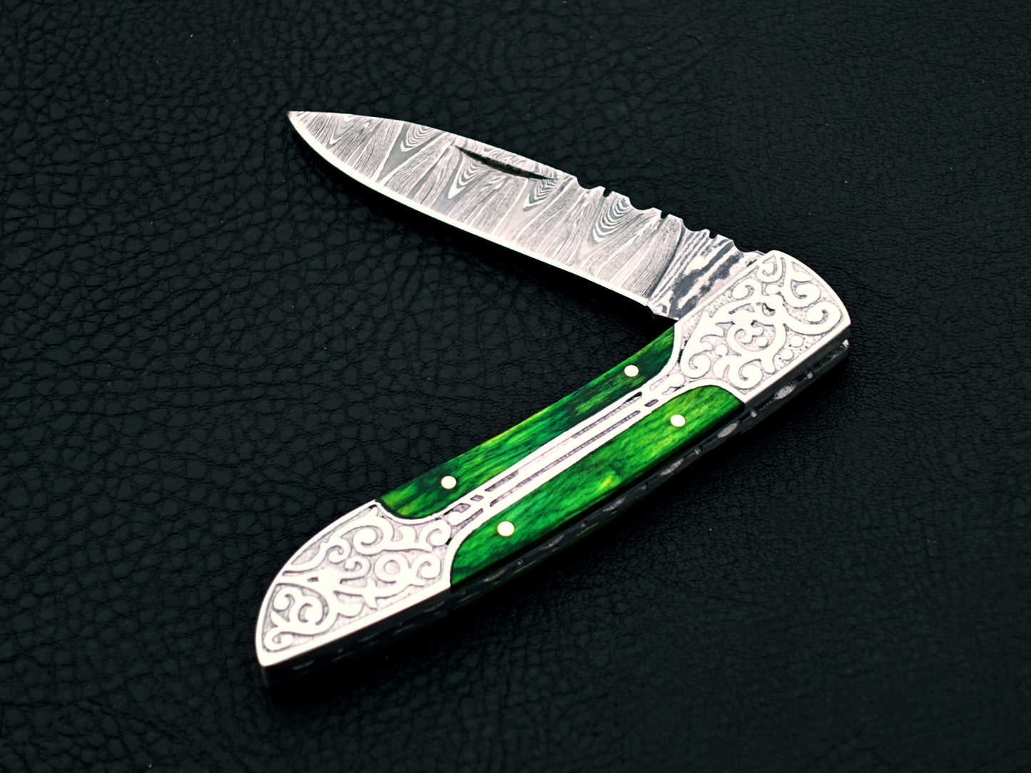 Emerald Green Damascus Steel Pocket Knife