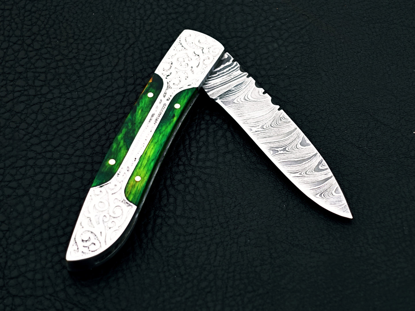 Emerald Green Damascus Steel Pocket Knife
