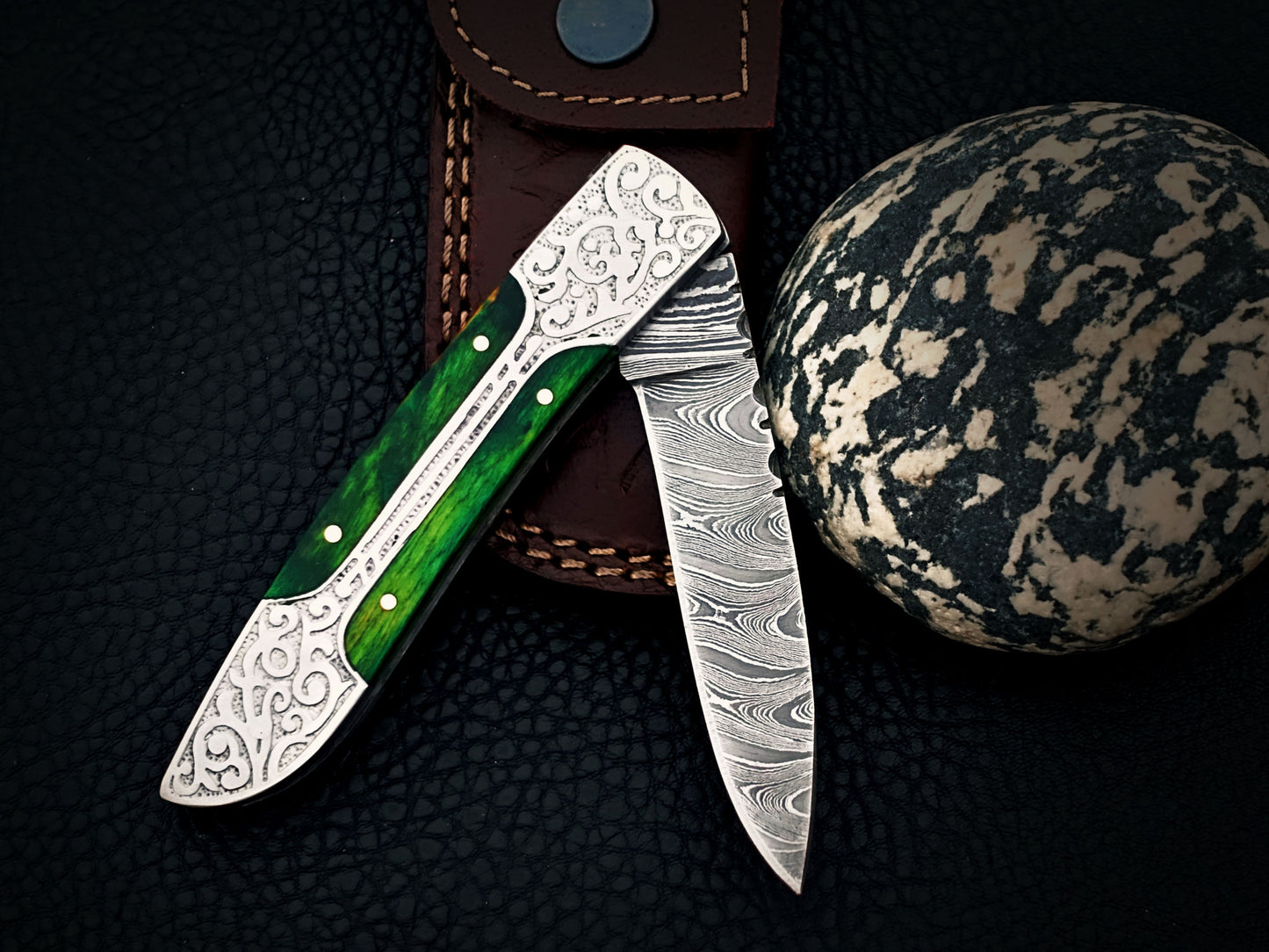 Emerald Green Damascus Steel Pocket Knife