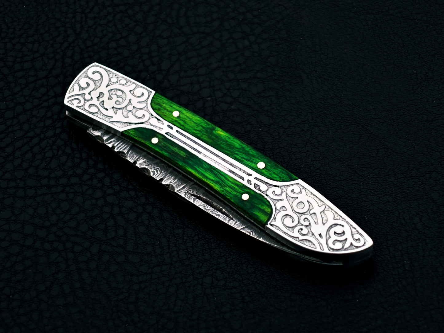 Emerald Green Damascus Steel Pocket Knife