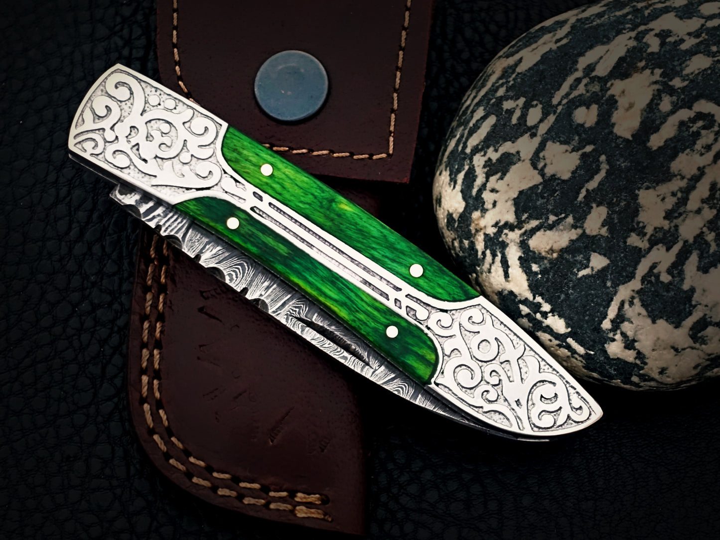 Emerald Green Damascus Steel Pocket Knife
