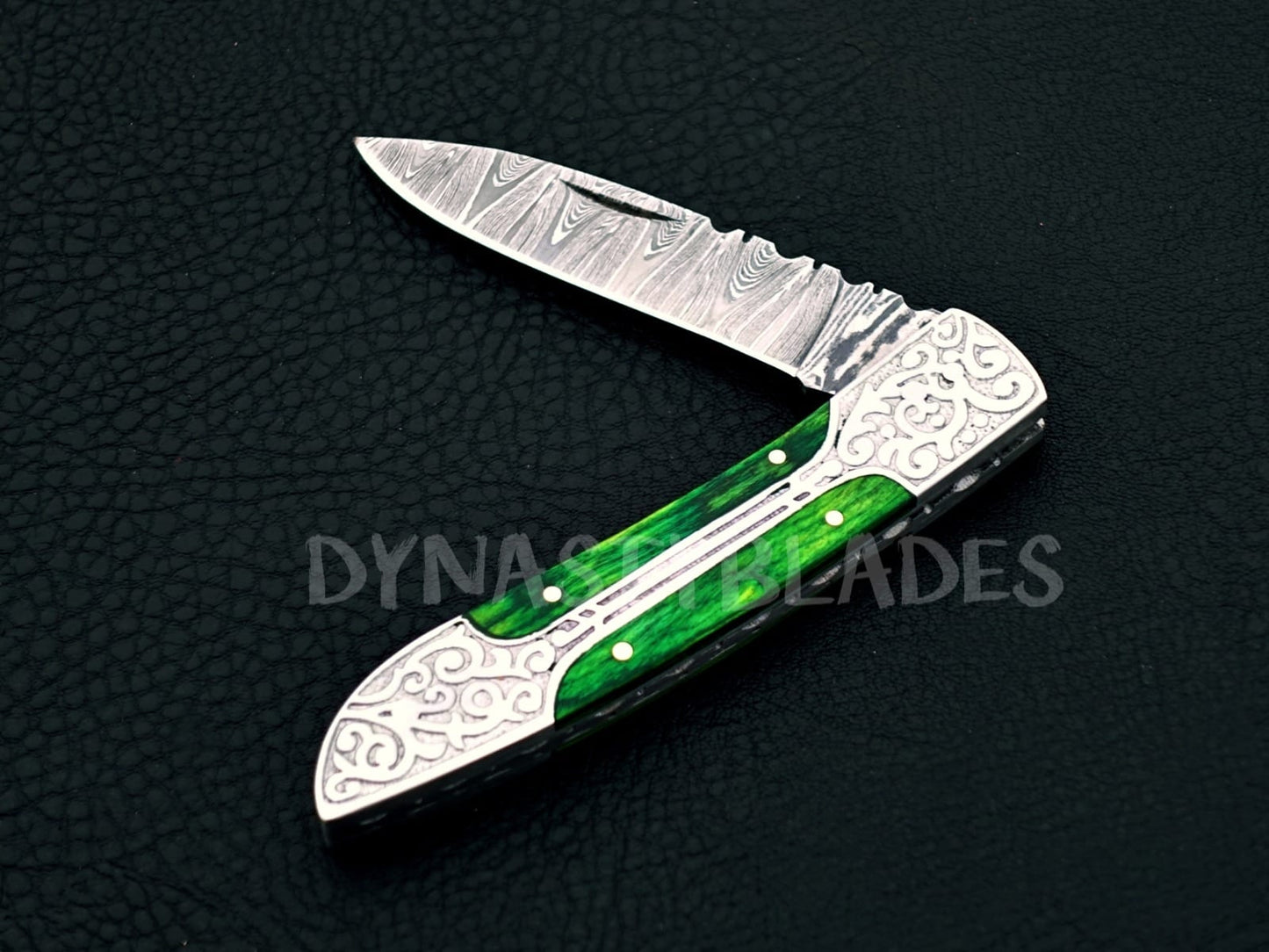 Emerald Green Damascus Steel Pocket Knife