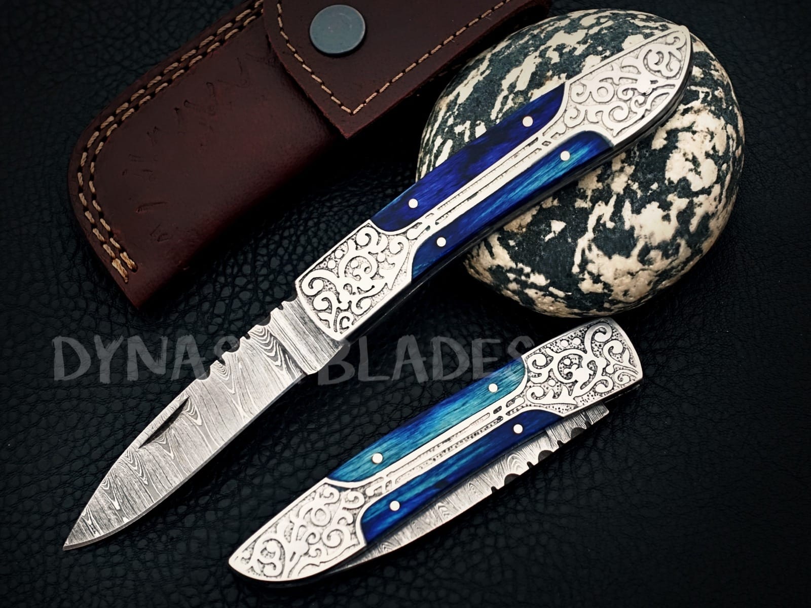 Sapphire Blue Damascus Steel Pocket Knife – Dynasty Blades