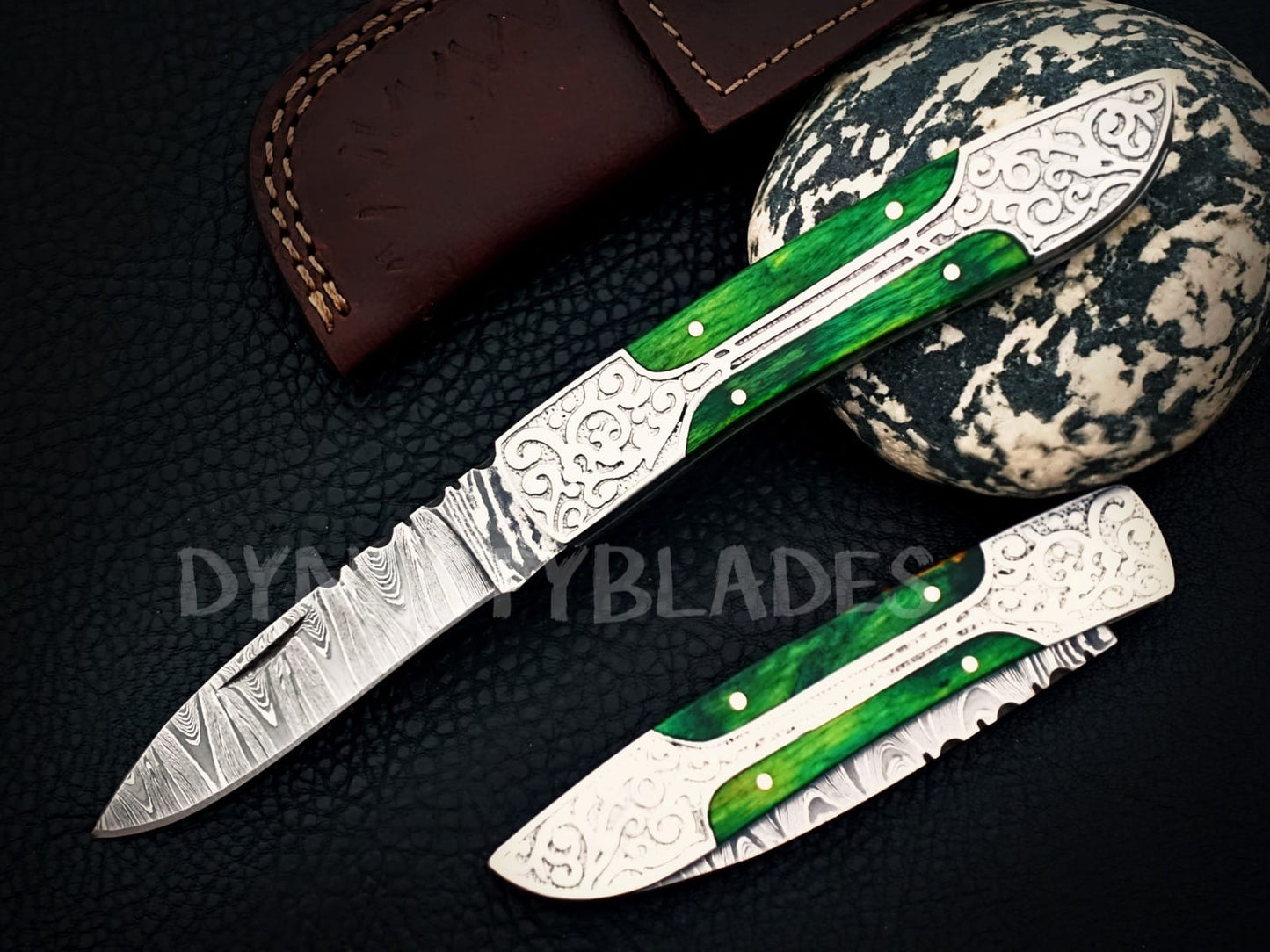 Emerald Green Damascus Steel Pocket Knife