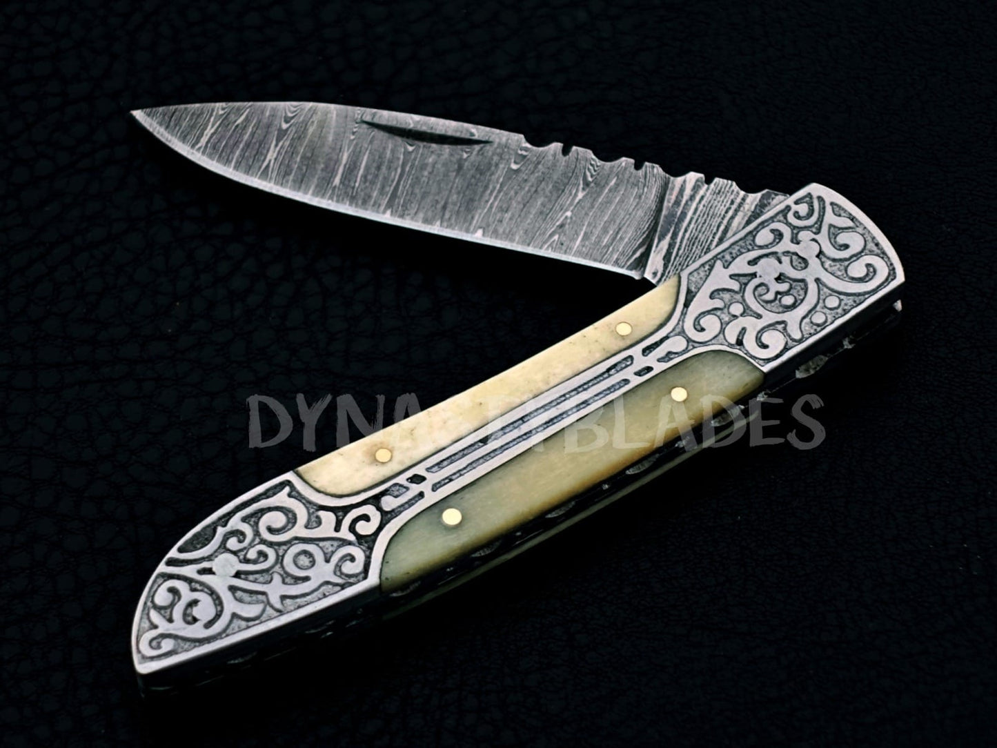 Ivory White Damascus Steel Pocket Knife