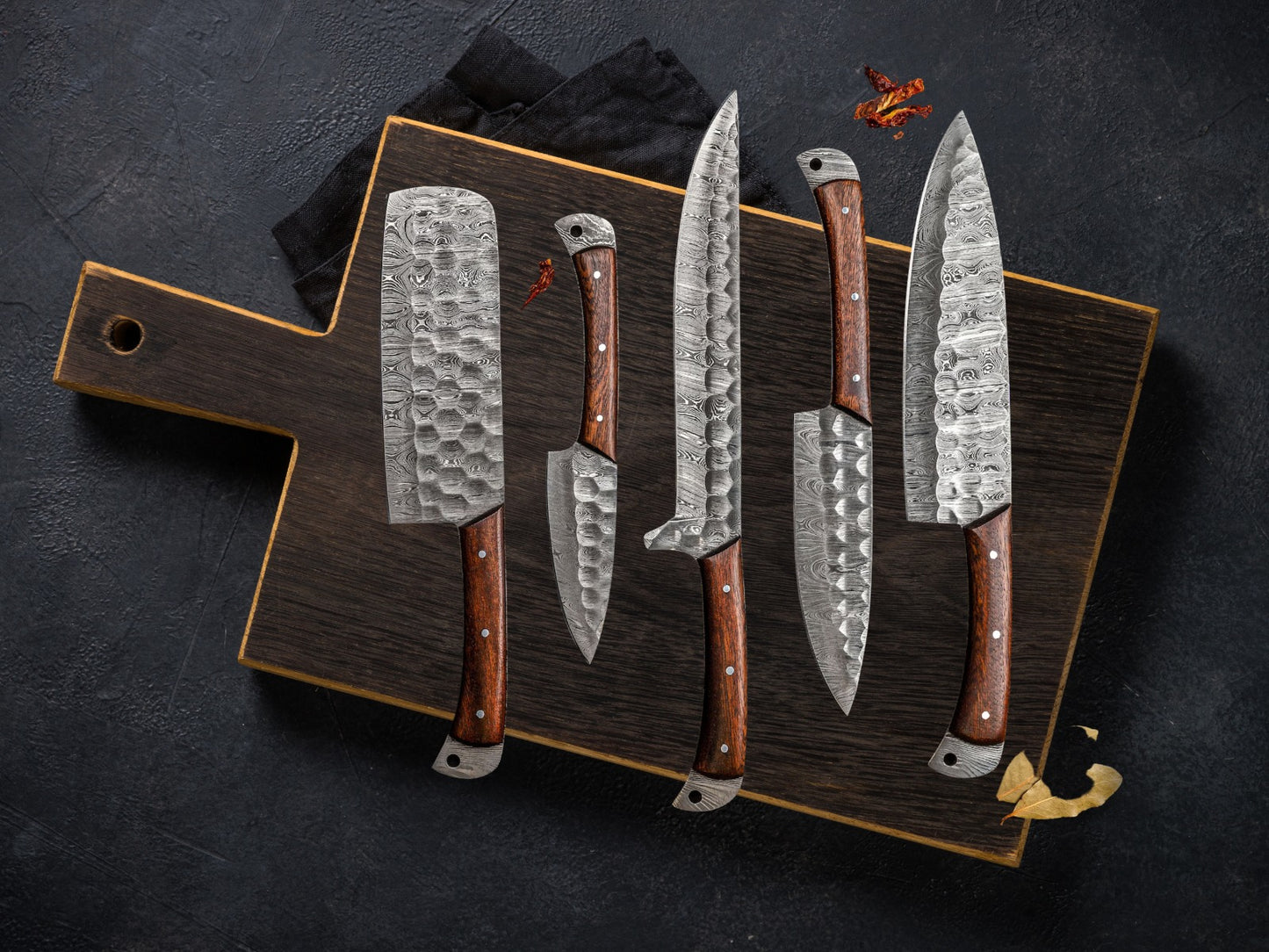 Brown Rose Wood Chef Set Real Damascus Steel Five Knives