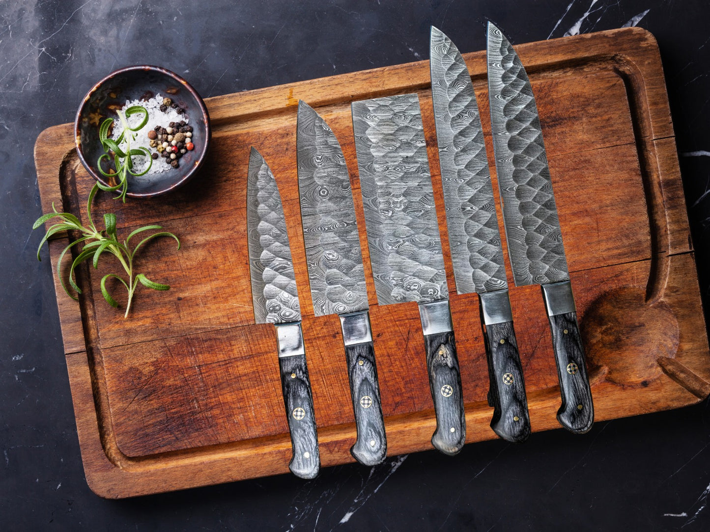Black Rose Wood Chef Set Real Damascus Steel Five Knives