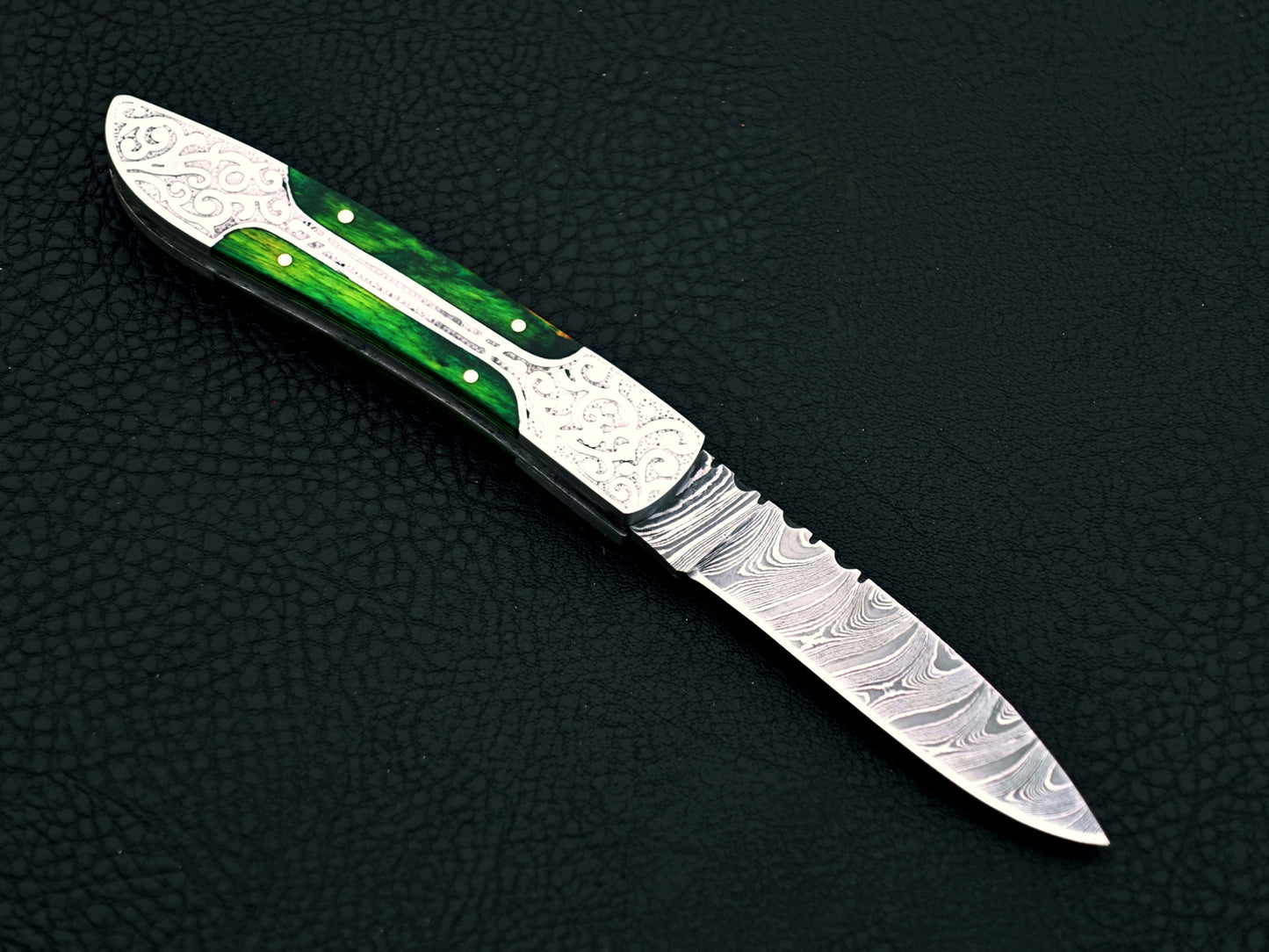 Emerald Green Damascus Steel Pocket Knife