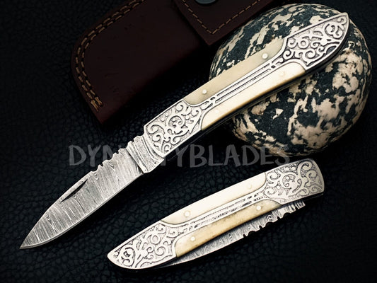 Ivory White Damascus Steel Pocket Knife