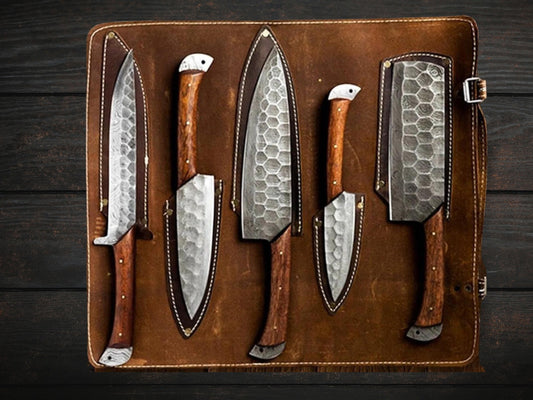 Brown Rose Wood Chef Set Real Damascus Steel Five Knives